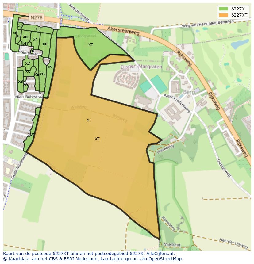 Afbeelding van het postcodegebied 6227 XT op de kaart.