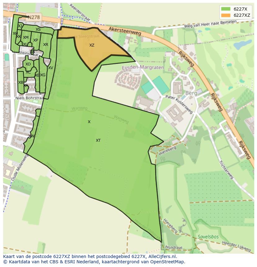 Afbeelding van het postcodegebied 6227 XZ op de kaart.