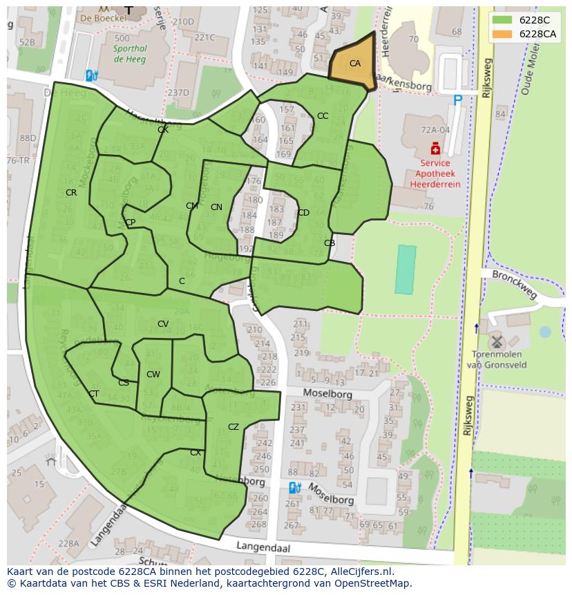 Afbeelding van het postcodegebied 6228 CA op de kaart.