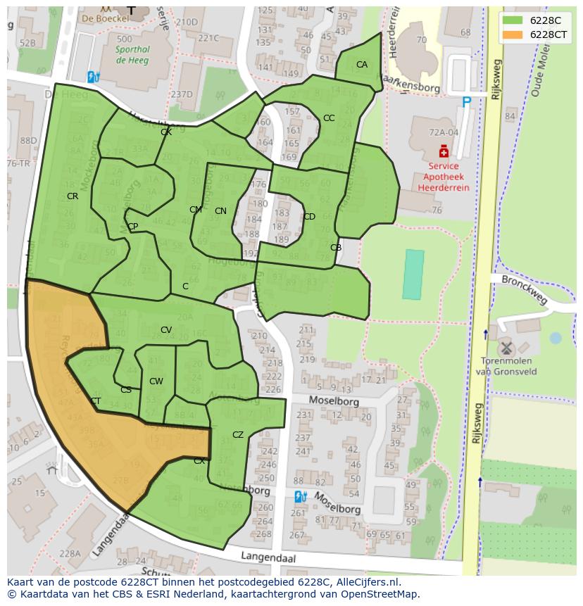 Afbeelding van het postcodegebied 6228 CT op de kaart.
