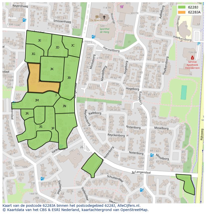 Afbeelding van het postcodegebied 6228 JA op de kaart.