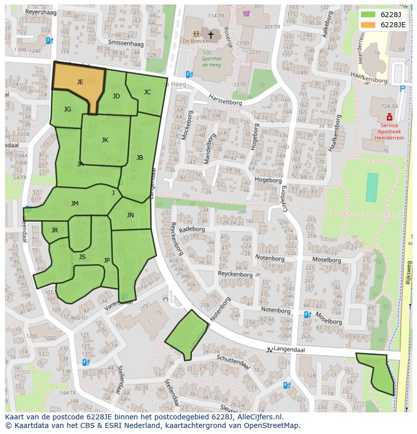 Afbeelding van het postcodegebied 6228 JE op de kaart.