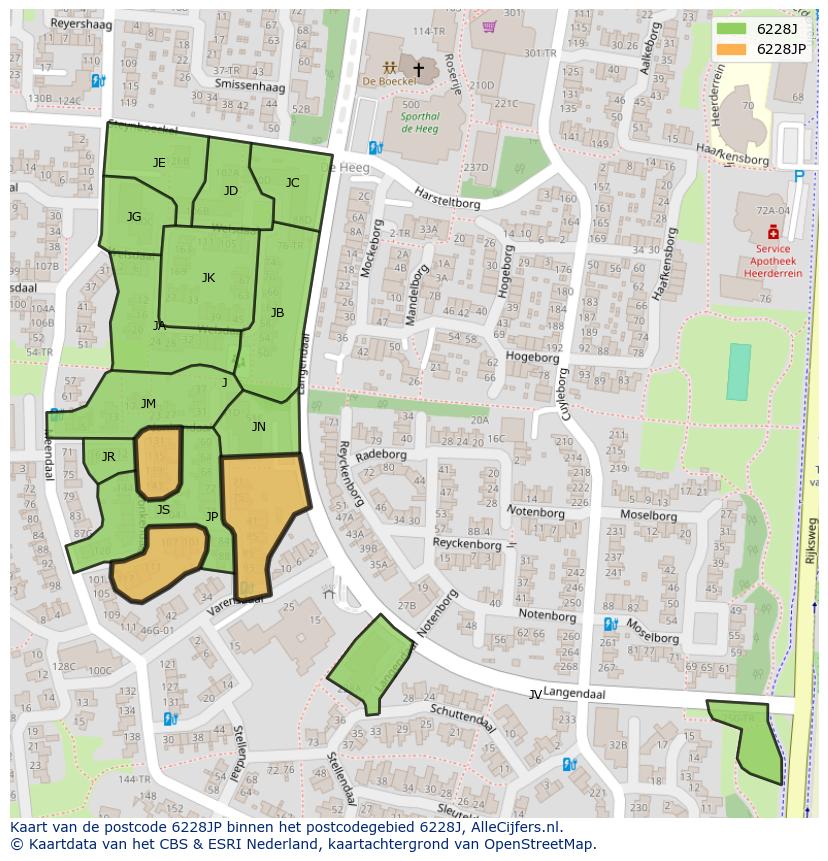 Afbeelding van het postcodegebied 6228 JP op de kaart.