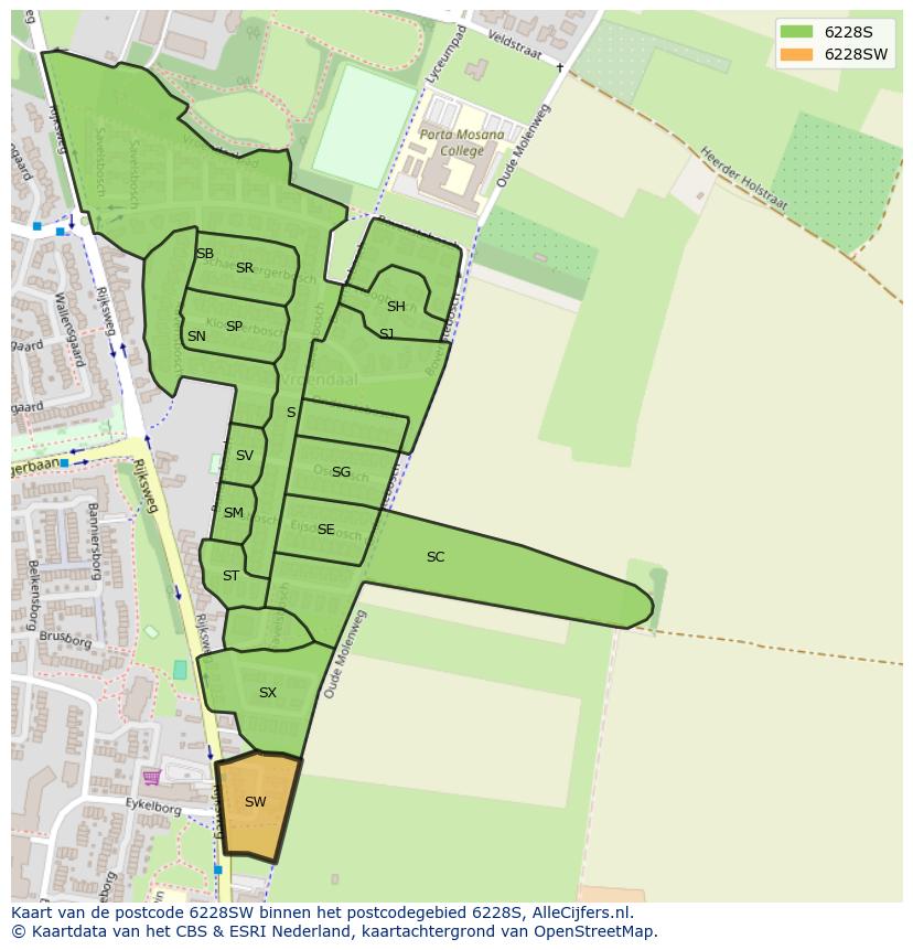 Afbeelding van het postcodegebied 6228 SW op de kaart.