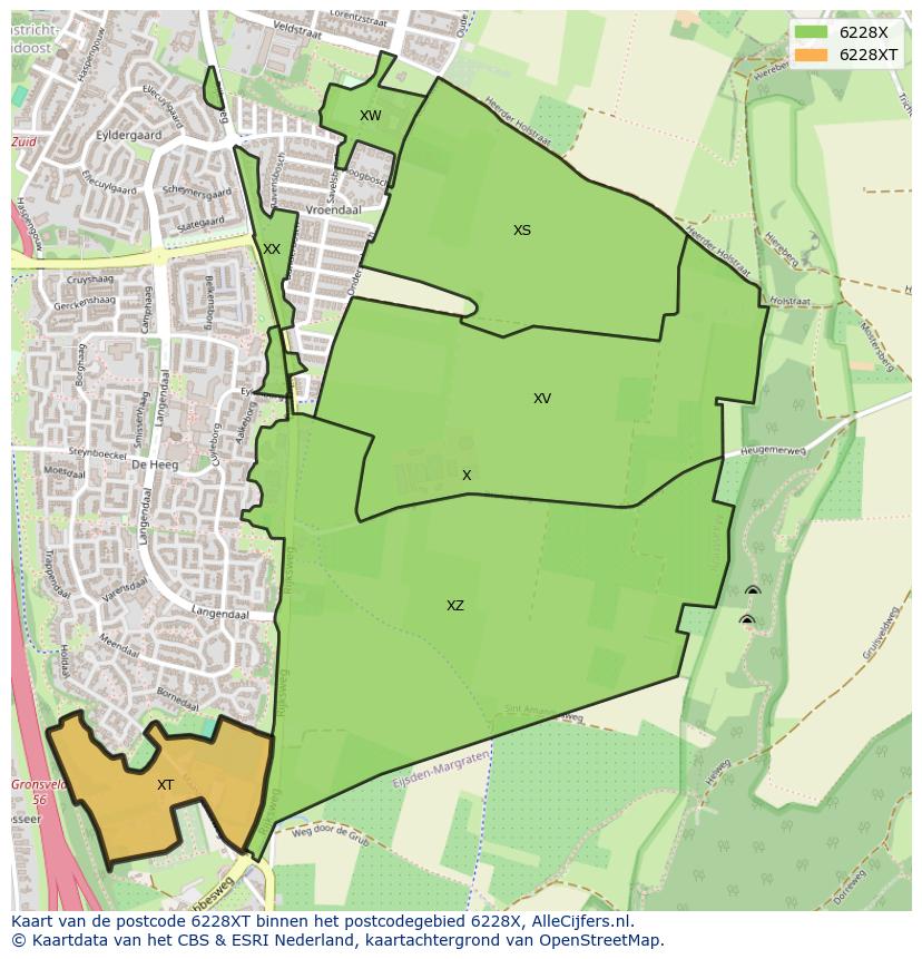 Afbeelding van het postcodegebied 6228 XT op de kaart.