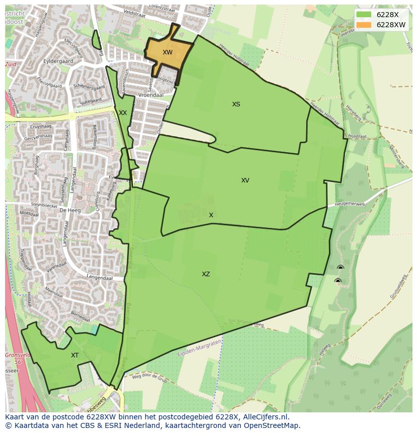 Afbeelding van het postcodegebied 6228 XW op de kaart.