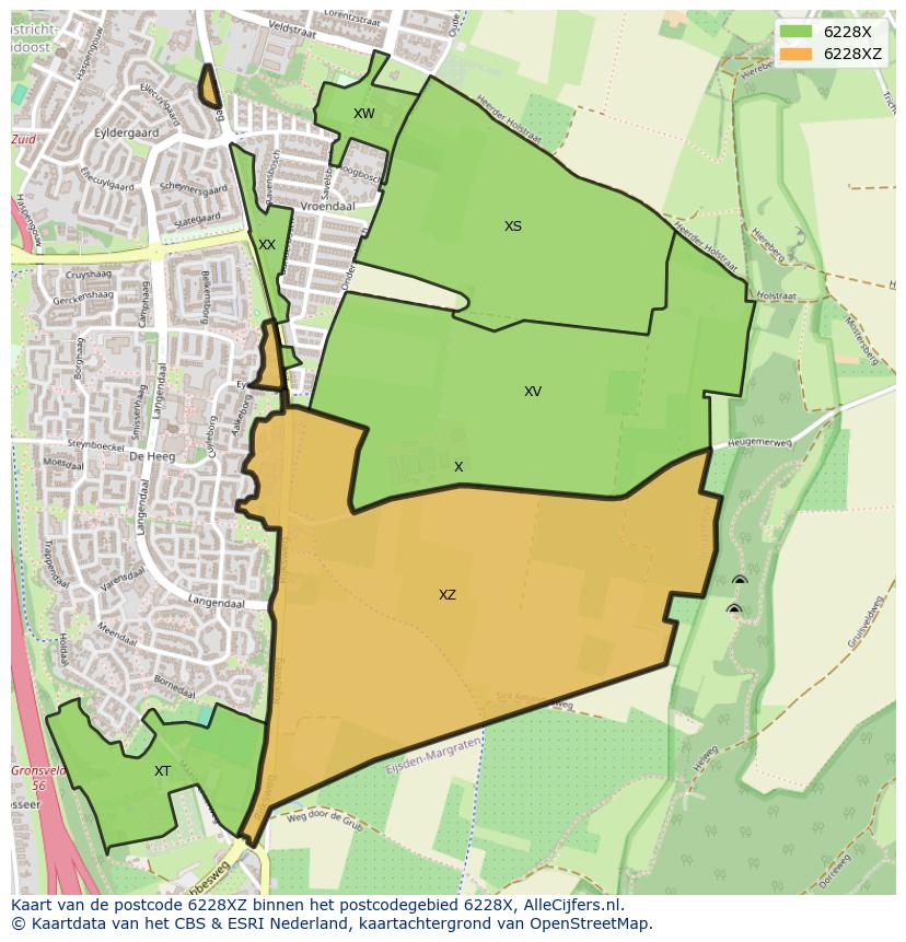 Afbeelding van het postcodegebied 6228 XZ op de kaart.