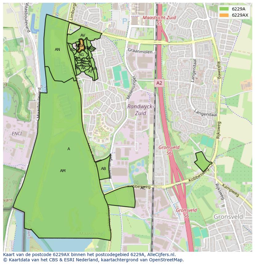 Afbeelding van het postcodegebied 6229 AX op de kaart.