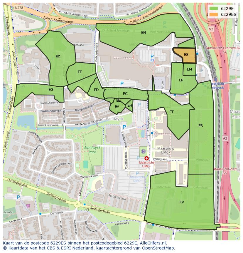 Afbeelding van het postcodegebied 6229 ES op de kaart.