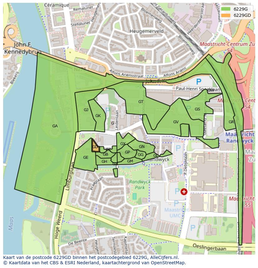 Afbeelding van het postcodegebied 6229 GD op de kaart.