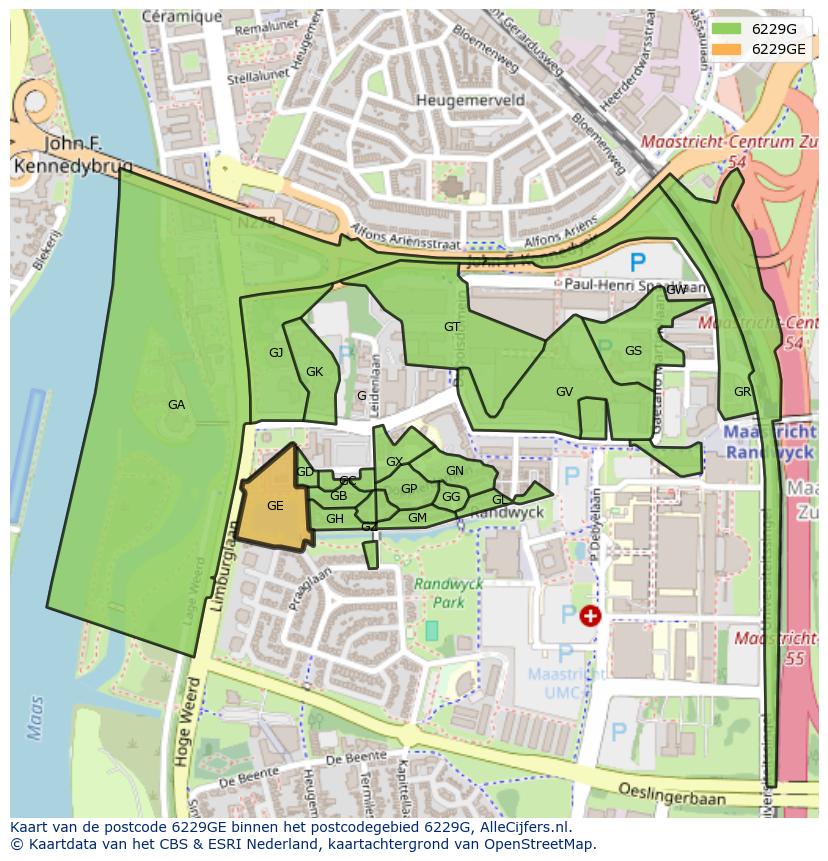 Afbeelding van het postcodegebied 6229 GE op de kaart.