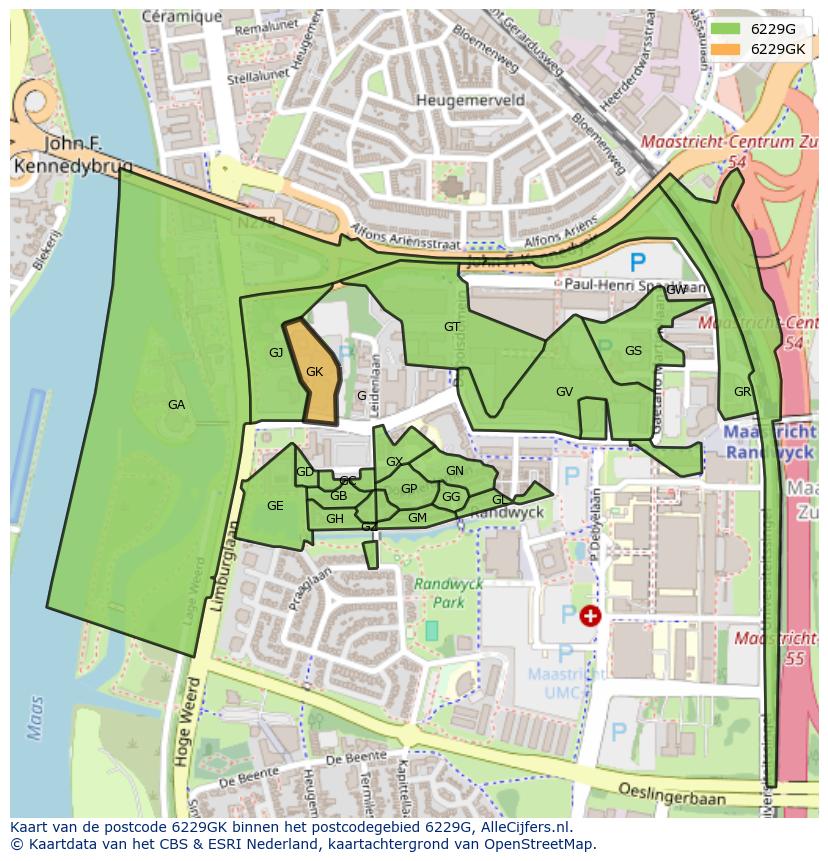 Afbeelding van het postcodegebied 6229 GK op de kaart.