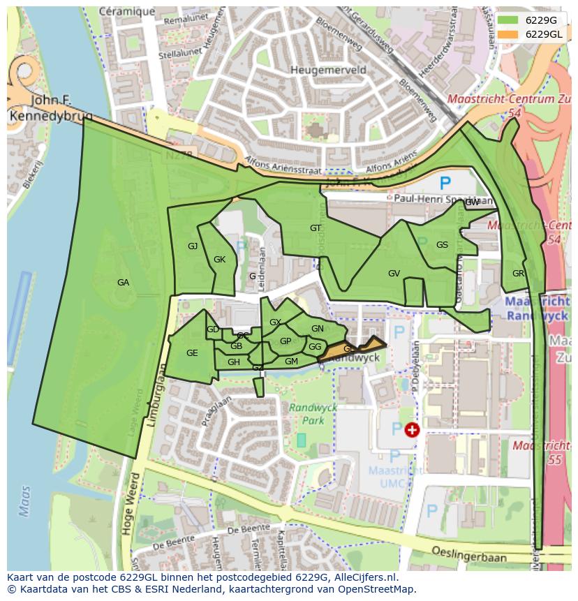 Afbeelding van het postcodegebied 6229 GL op de kaart.