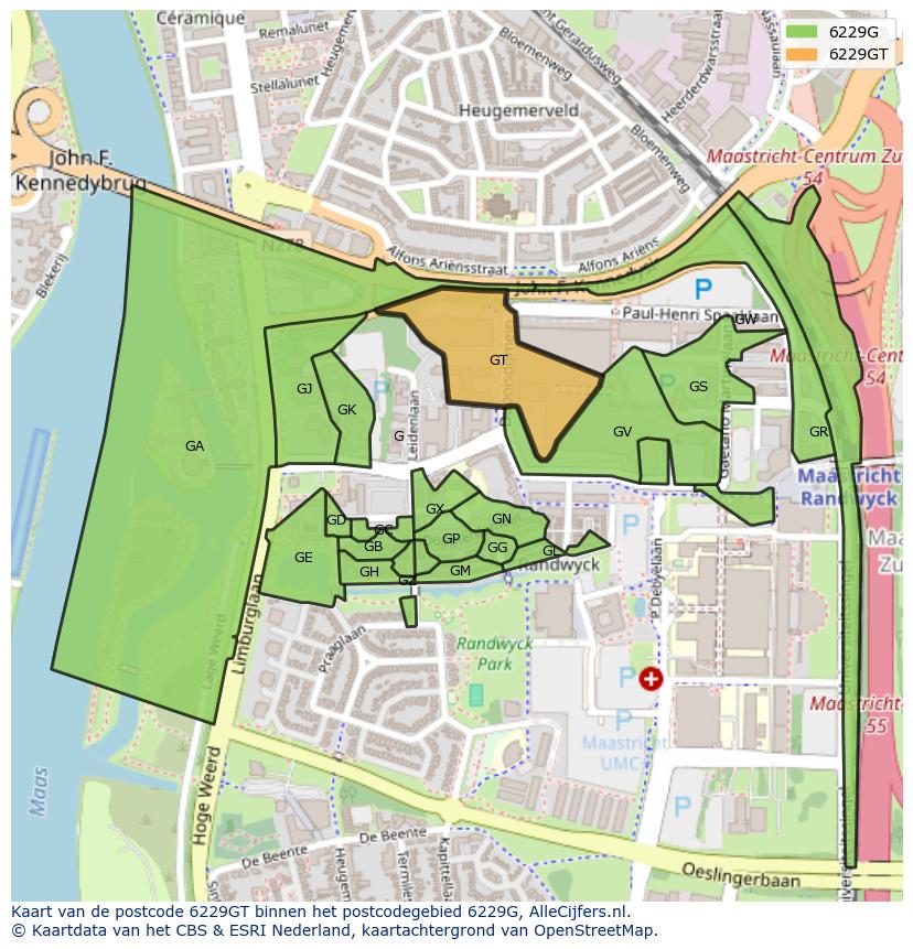 Afbeelding van het postcodegebied 6229 GT op de kaart.