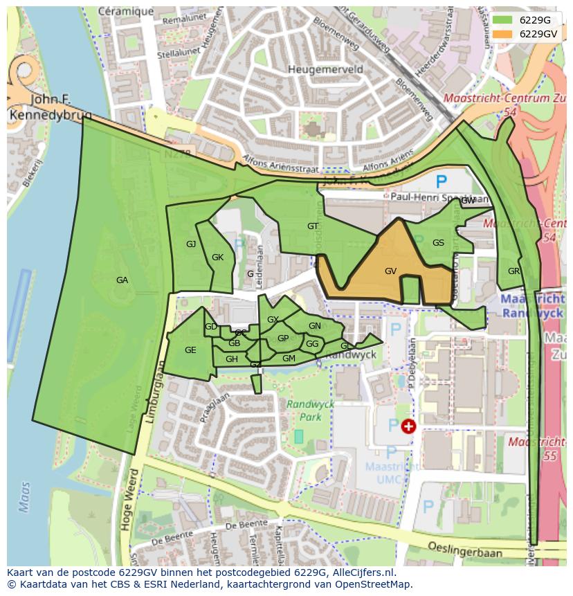 Afbeelding van het postcodegebied 6229 GV op de kaart.