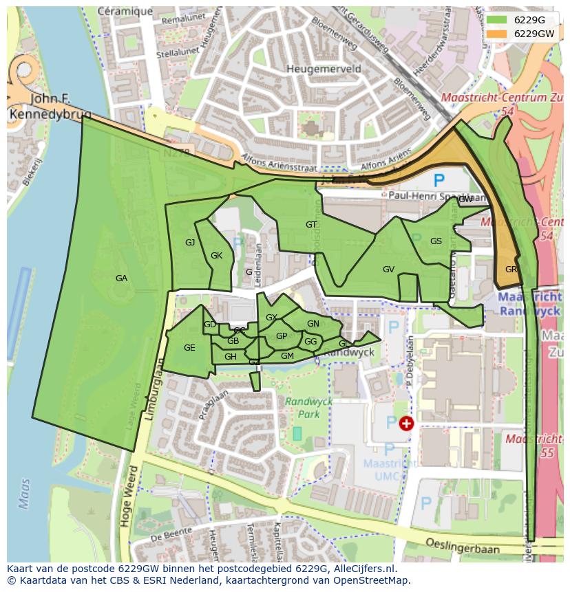 Afbeelding van het postcodegebied 6229 GW op de kaart.