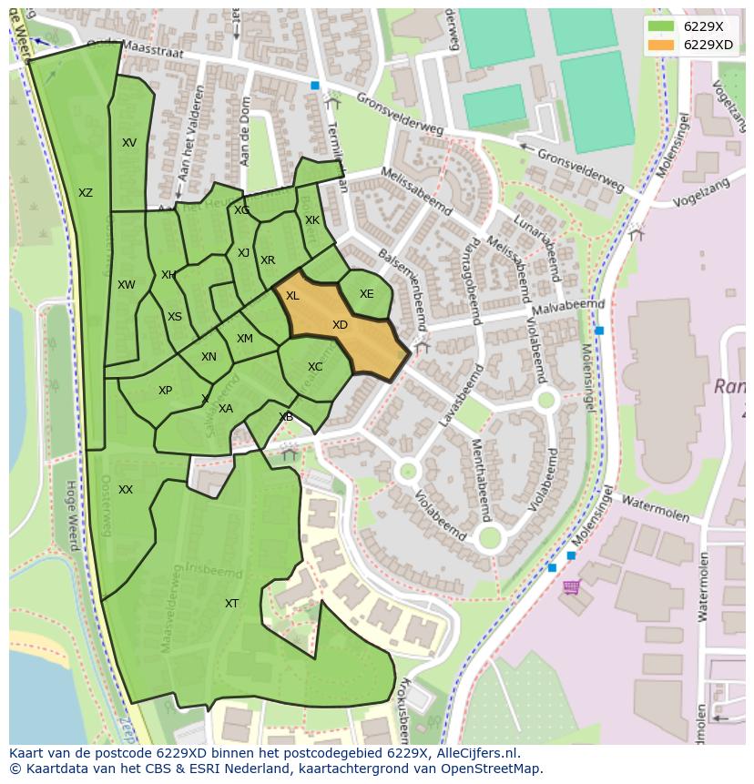 Afbeelding van het postcodegebied 6229 XD op de kaart.
