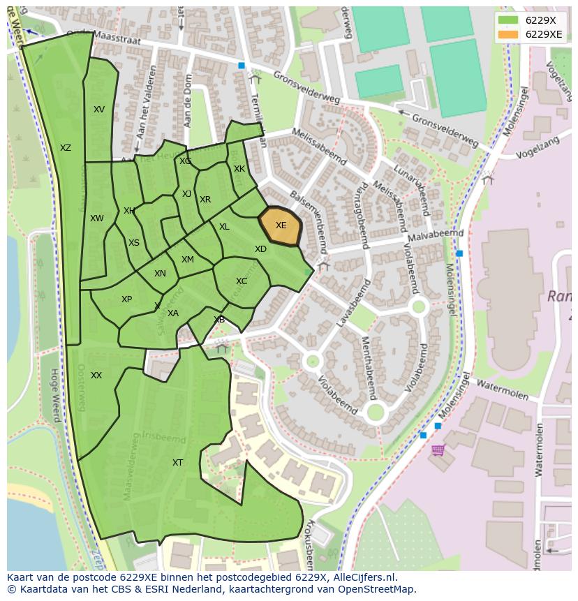 Afbeelding van het postcodegebied 6229 XE op de kaart.