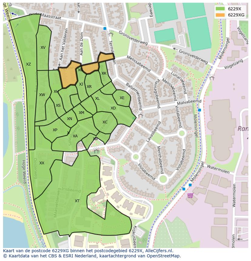 Afbeelding van het postcodegebied 6229 XG op de kaart.