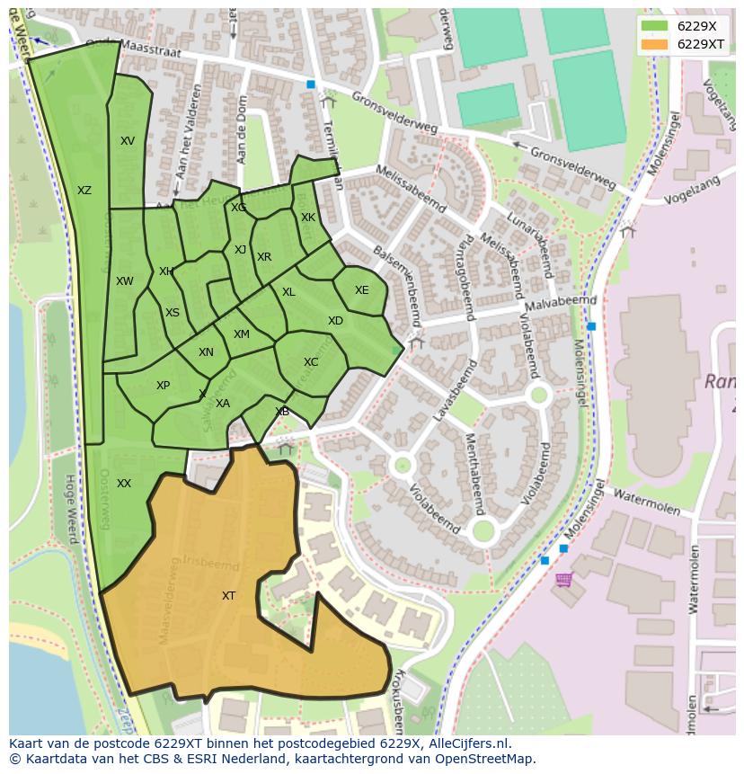 Afbeelding van het postcodegebied 6229 XT op de kaart.