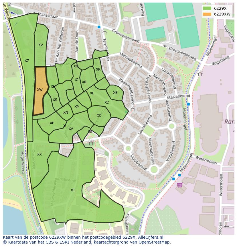 Afbeelding van het postcodegebied 6229 XW op de kaart.