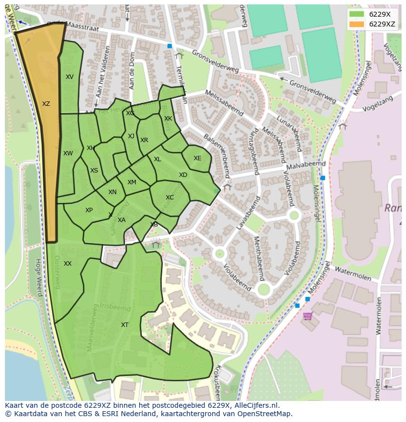 Afbeelding van het postcodegebied 6229 XZ op de kaart.