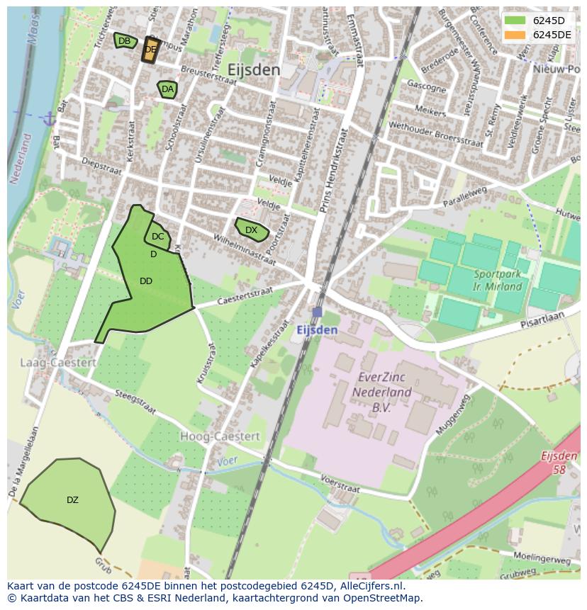 Afbeelding van het postcodegebied 6245 DE op de kaart.