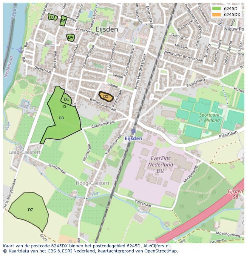 Afbeelding van het postcodegebied 6245 DX op de kaart.