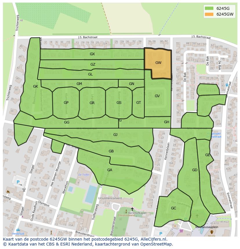 Afbeelding van het postcodegebied 6245 GW op de kaart.