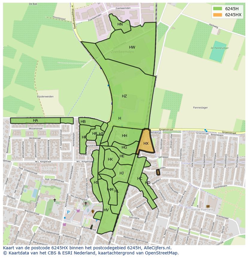Afbeelding van het postcodegebied 6245 HX op de kaart.