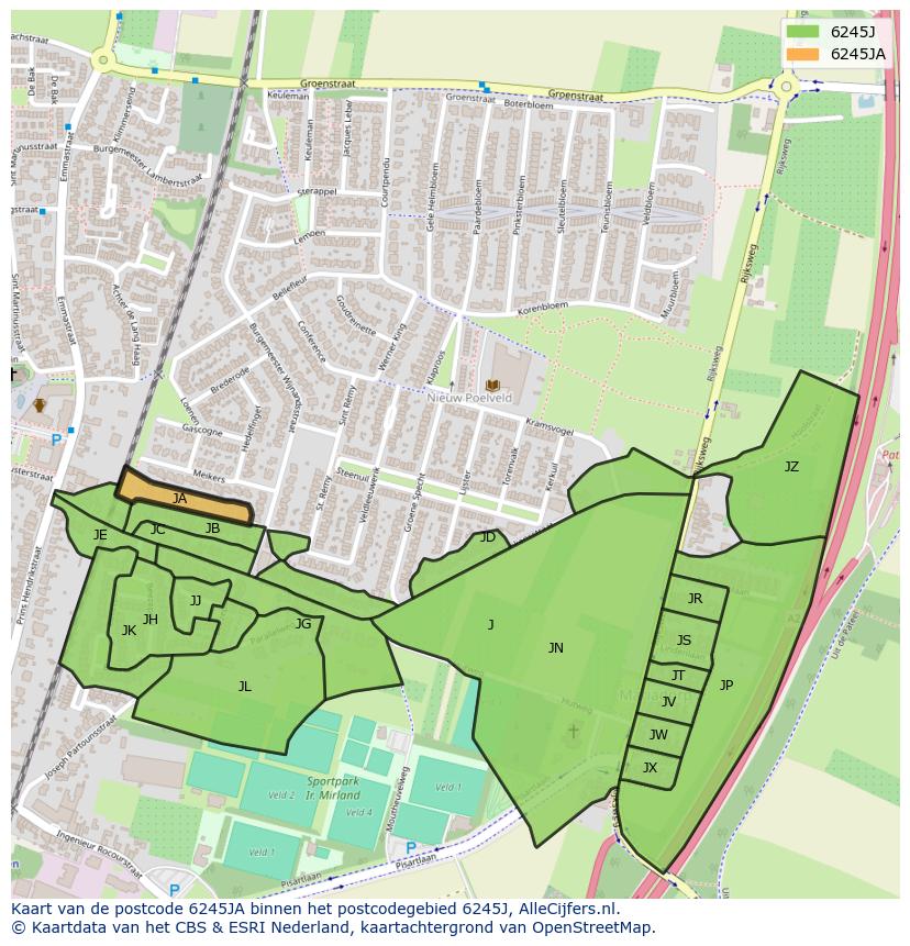 Afbeelding van het postcodegebied 6245 JA op de kaart.