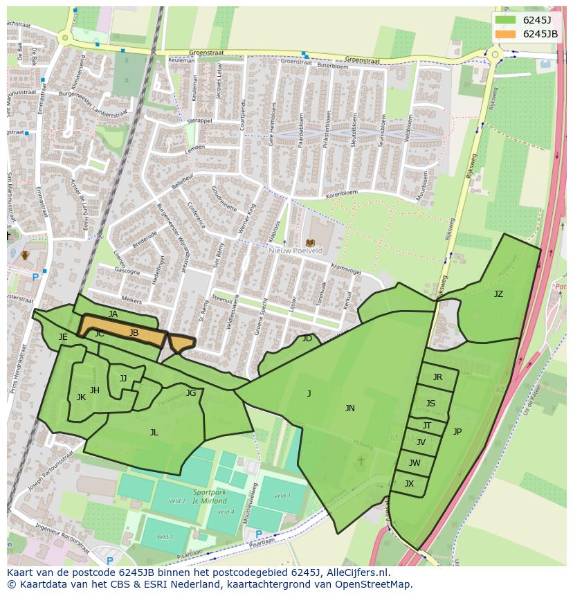 Afbeelding van het postcodegebied 6245 JB op de kaart.