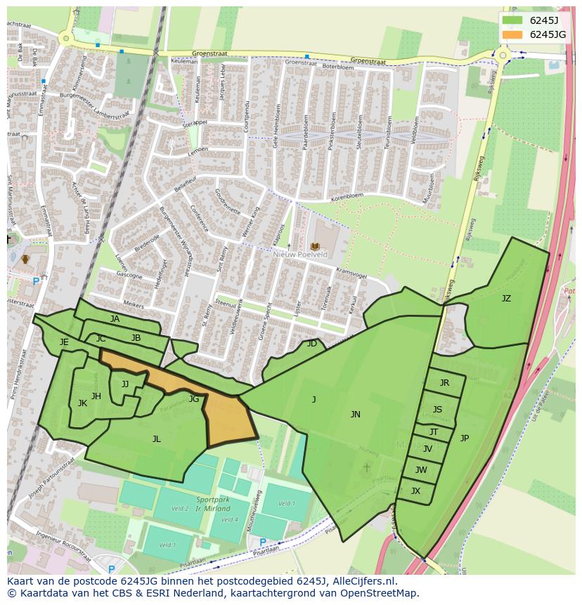 Afbeelding van het postcodegebied 6245 JG op de kaart.