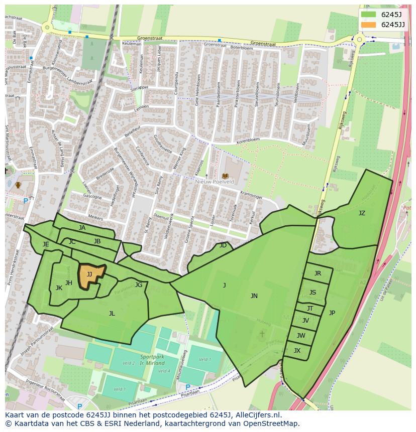 Afbeelding van het postcodegebied 6245 JJ op de kaart.