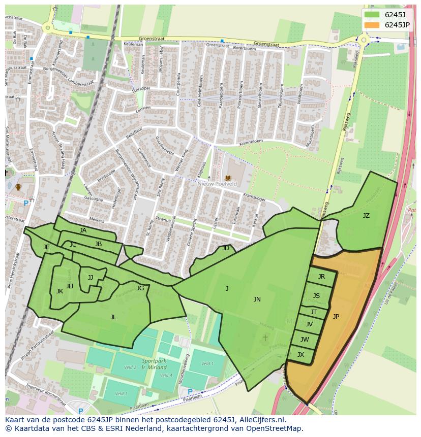 Afbeelding van het postcodegebied 6245 JP op de kaart.