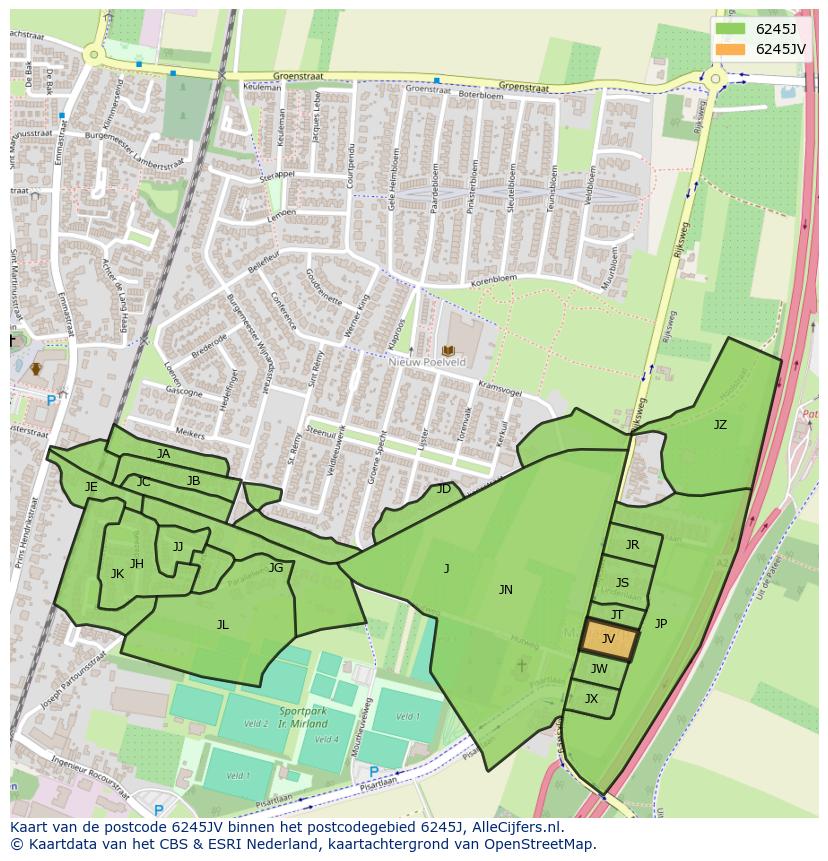 Afbeelding van het postcodegebied 6245 JV op de kaart.