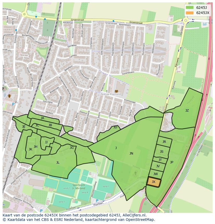 Afbeelding van het postcodegebied 6245 JX op de kaart.