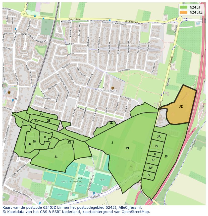 Afbeelding van het postcodegebied 6245 JZ op de kaart.
