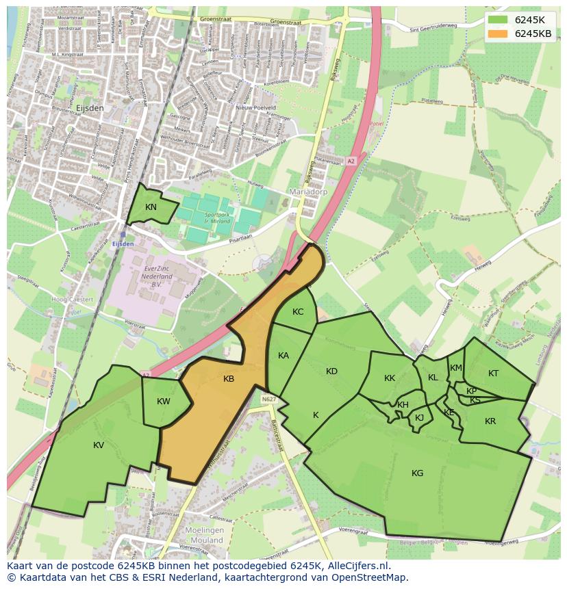 Afbeelding van het postcodegebied 6245 KB op de kaart.