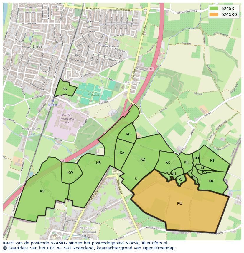 Afbeelding van het postcodegebied 6245 KG op de kaart.