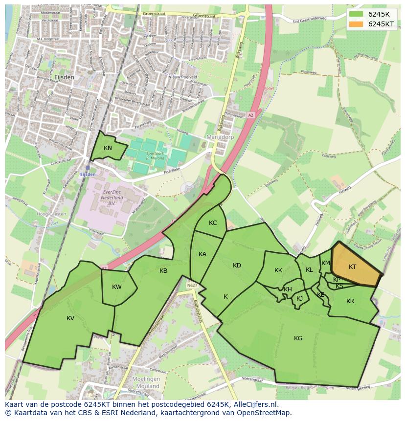 Afbeelding van het postcodegebied 6245 KT op de kaart.