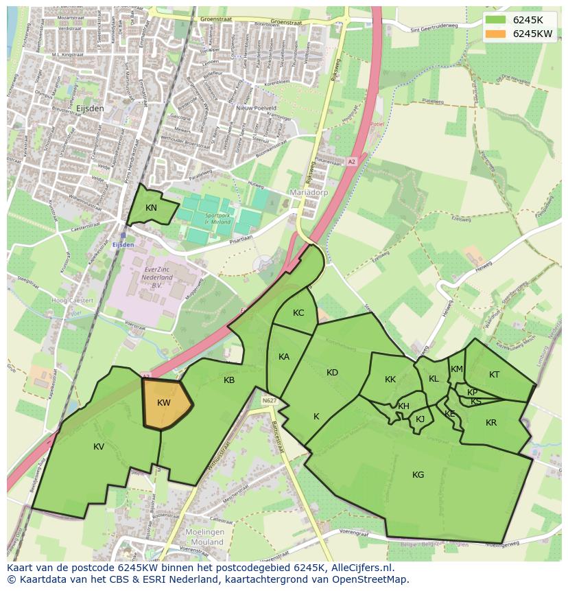 Afbeelding van het postcodegebied 6245 KW op de kaart.