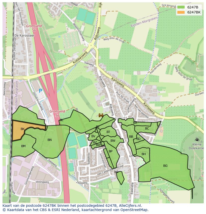 Afbeelding van het postcodegebied 6247 BK op de kaart.