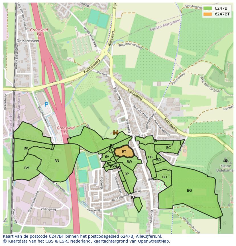 Afbeelding van het postcodegebied 6247 BT op de kaart.