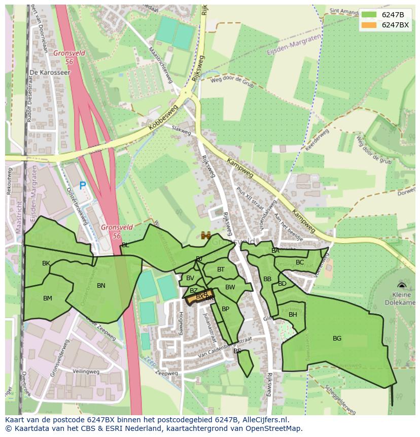 Afbeelding van het postcodegebied 6247 BX op de kaart.