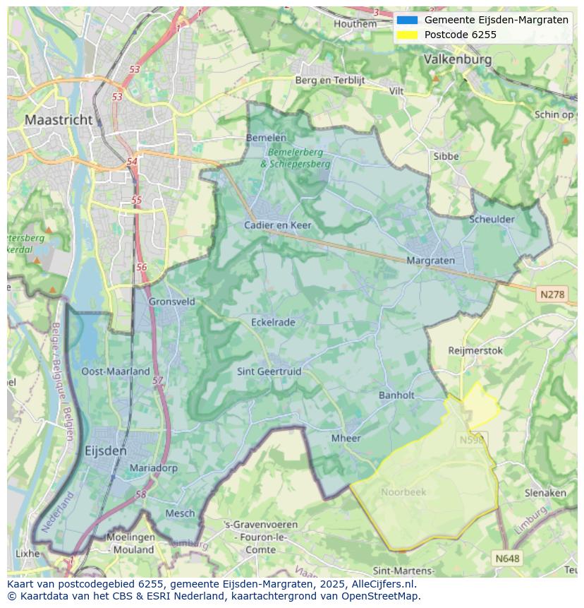 Afbeelding van het postcodegebied 6255 op de kaart.