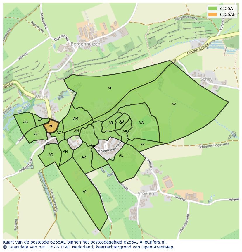 Afbeelding van het postcodegebied 6255 AE op de kaart.