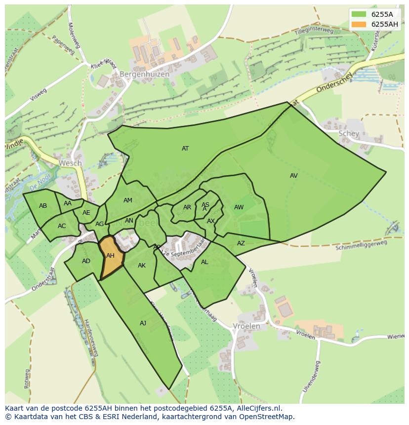 Afbeelding van het postcodegebied 6255 AH op de kaart.