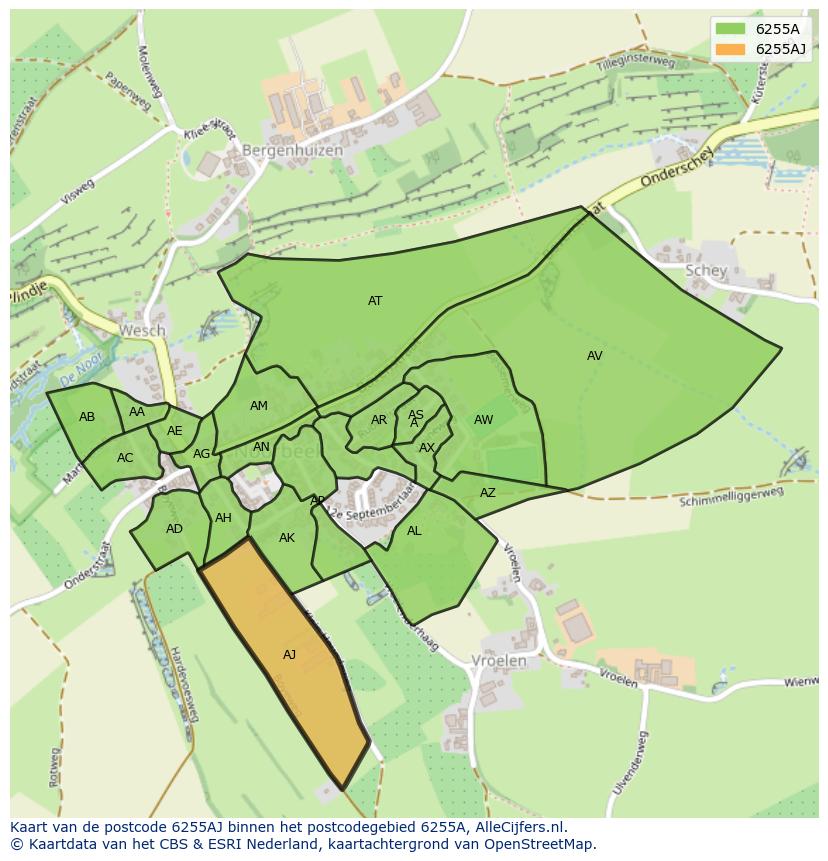 Afbeelding van het postcodegebied 6255 AJ op de kaart.