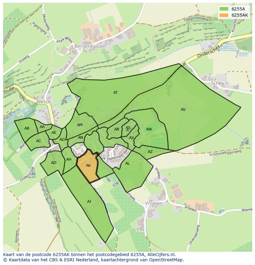 Afbeelding van het postcodegebied 6255 AK op de kaart.